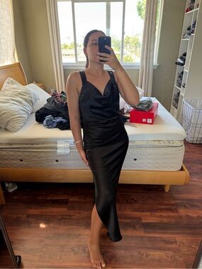 Rumored Black Satin Slip Midi Dress